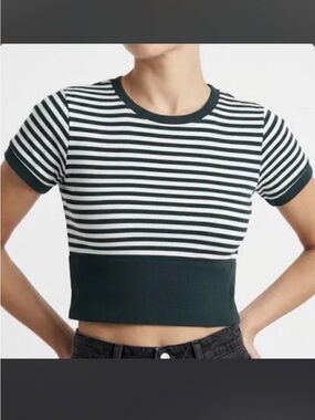 AERIE- Women's dark green and white striped crop top- Size: S.